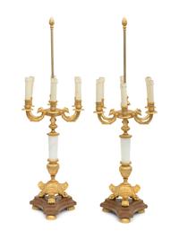 A Pair of Large Gilt Metal and Marble Six-Light Candelabra