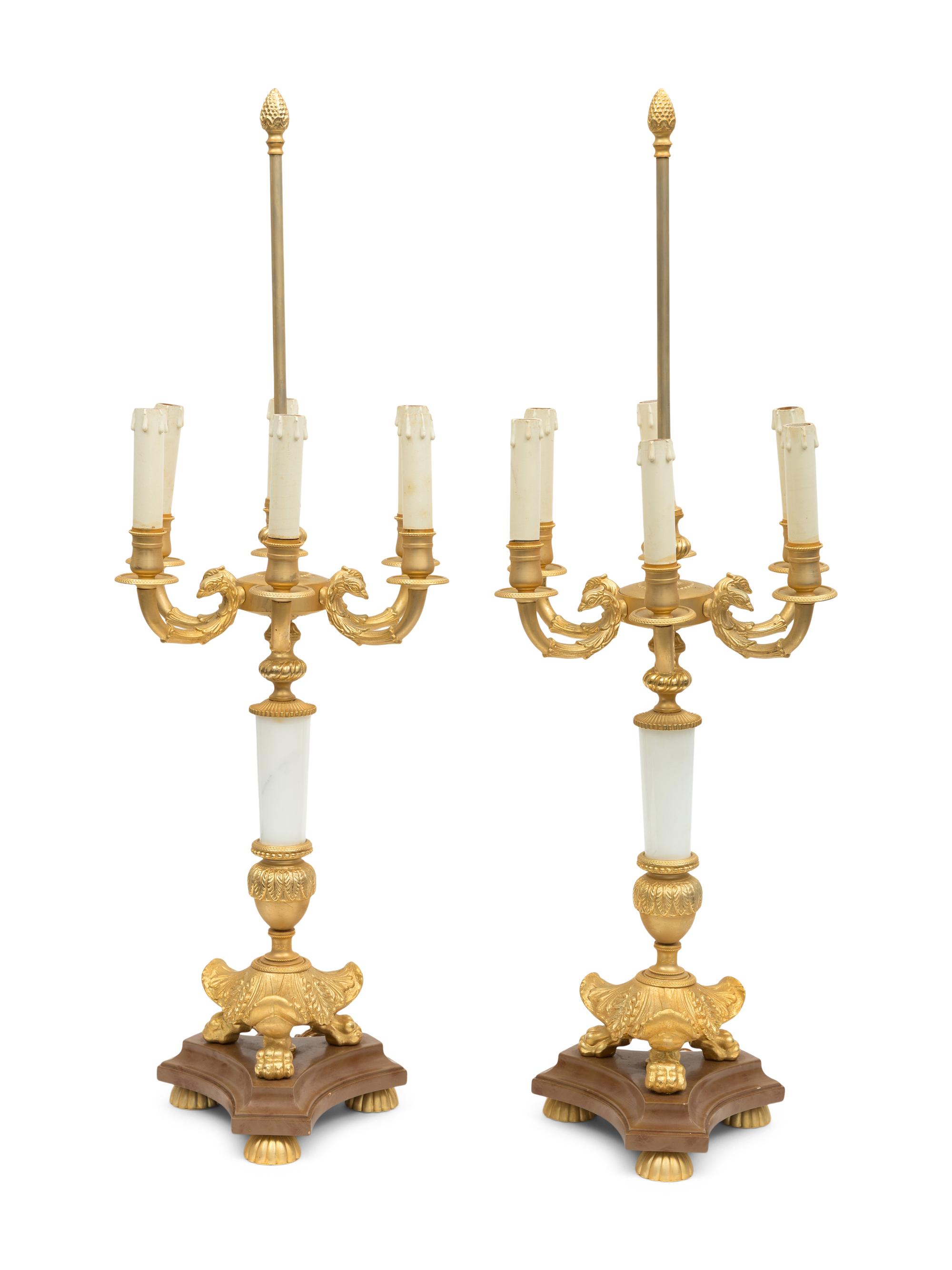A Pair of Large Gilt Metal and Marble Six-Light Candelabra