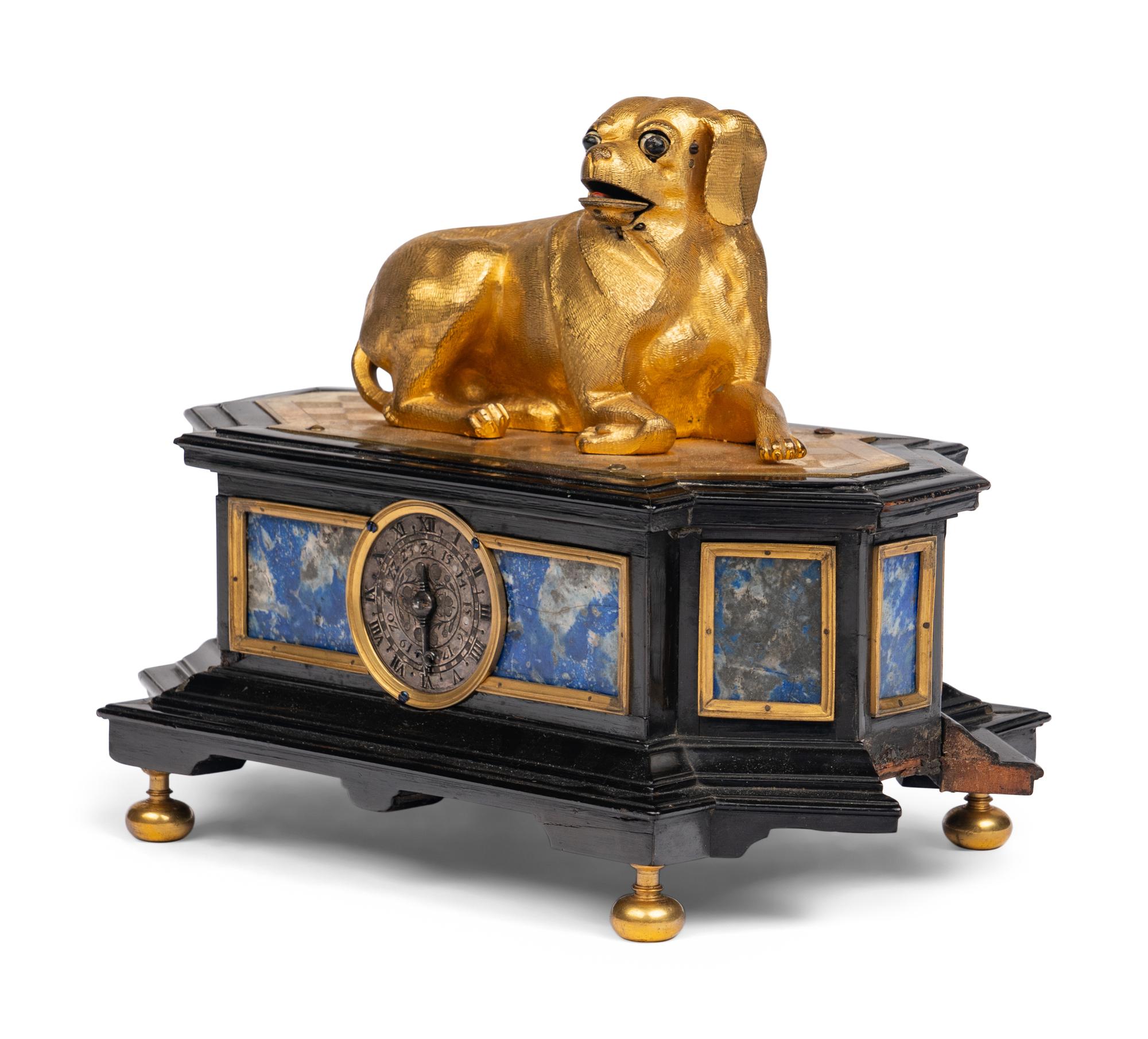 A German Gilt Bronze, Ebonized and Lapis Lazuli-Mounted Automaton with a Reclining Hound