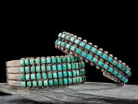 Zuni or Navajo Silver and Turquoise Cluster Cuff Bracelets