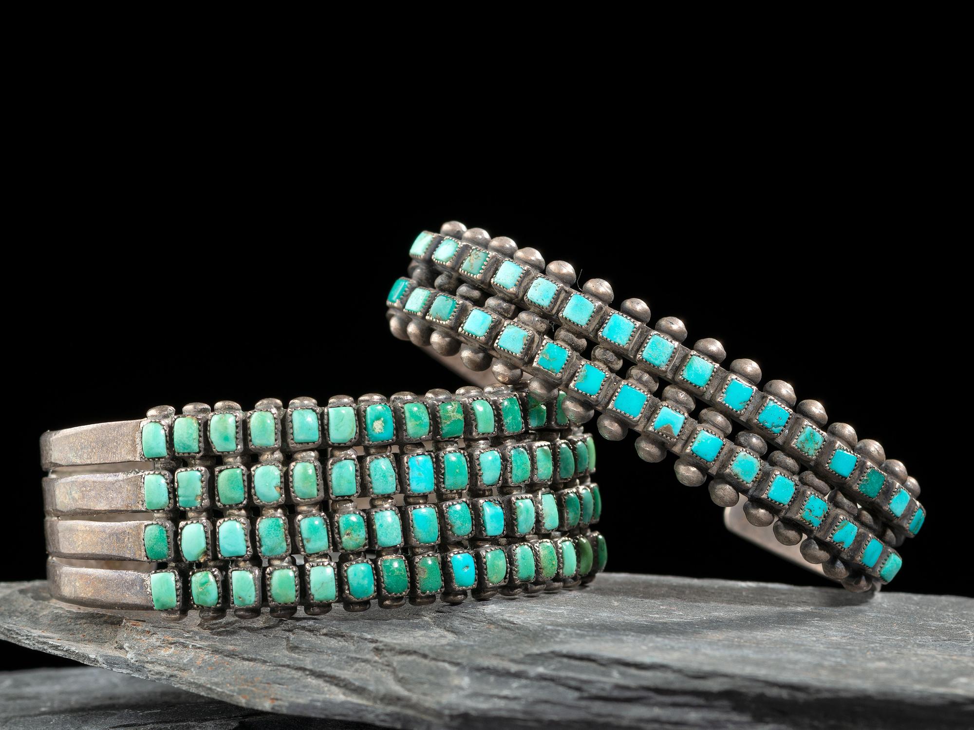 Zuni or Navajo Silver and Turquoise Cluster Cuff Bracelets