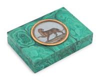 An Italian Micromosaic Tiger Plaque Set in a Malachite Box