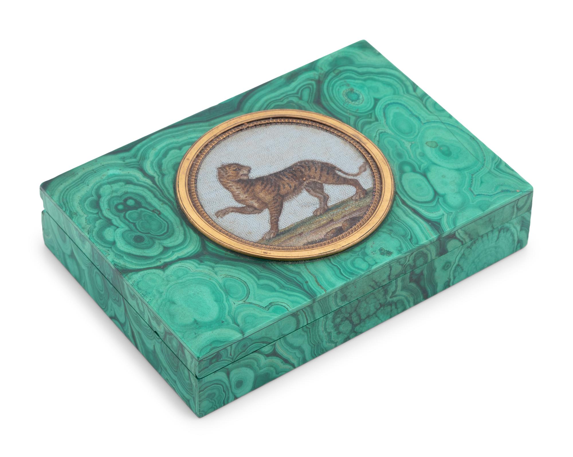 An Italian Micromosaic Tiger Plaque Set in a Malachite Box