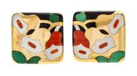 A 14 Karat Yellow Gold, Onyx, Mother-of-Pearl, Coral and Jade Demi Parure, 50.40 dwts.