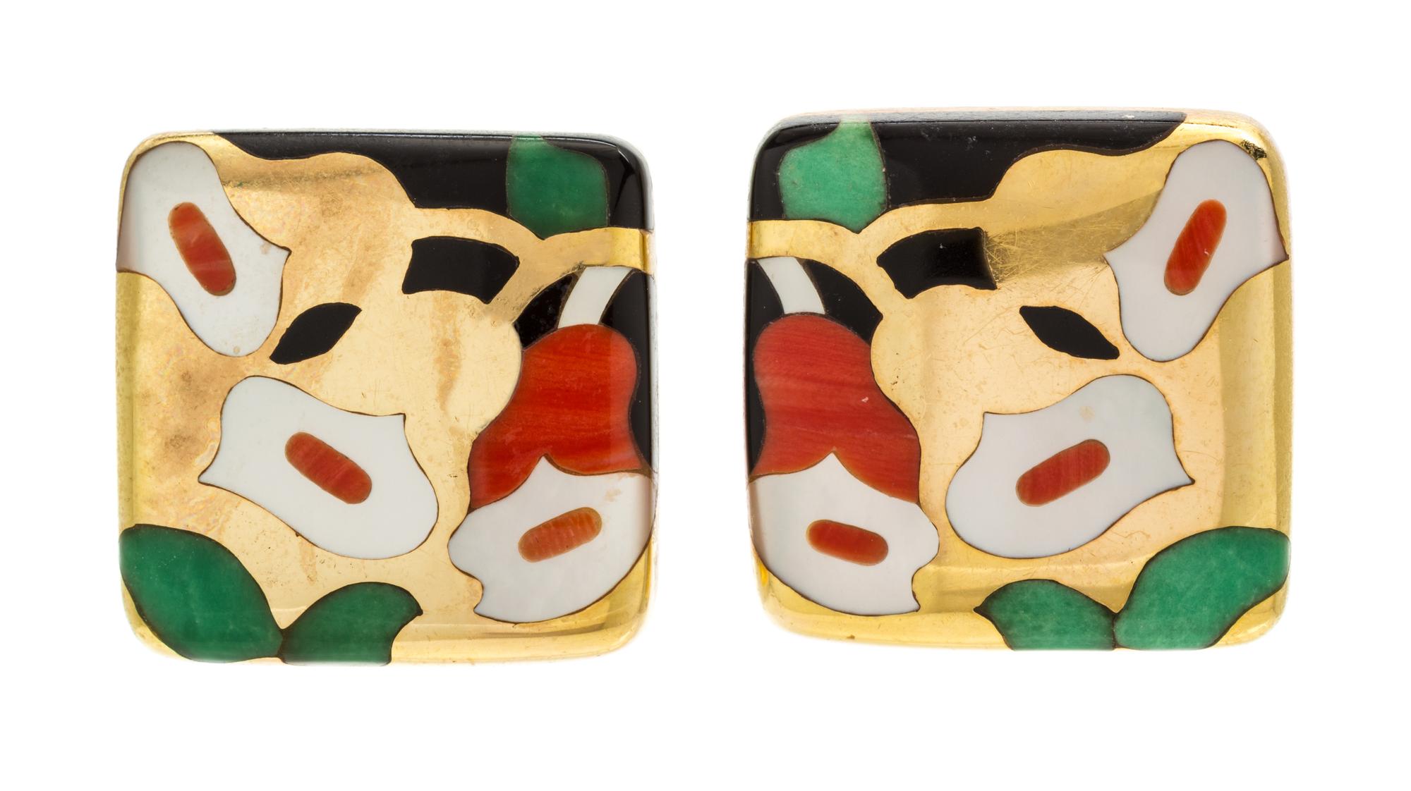 A 14 Karat Yellow Gold, Onyx, Mother-of-Pearl, Coral and Jade Demi Parure, 50.40 dwts.