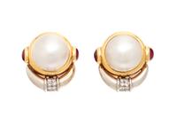 LILLI, BICOLOR GOLD, CULTURED MABE PEARL AND RUBY EARRINGS