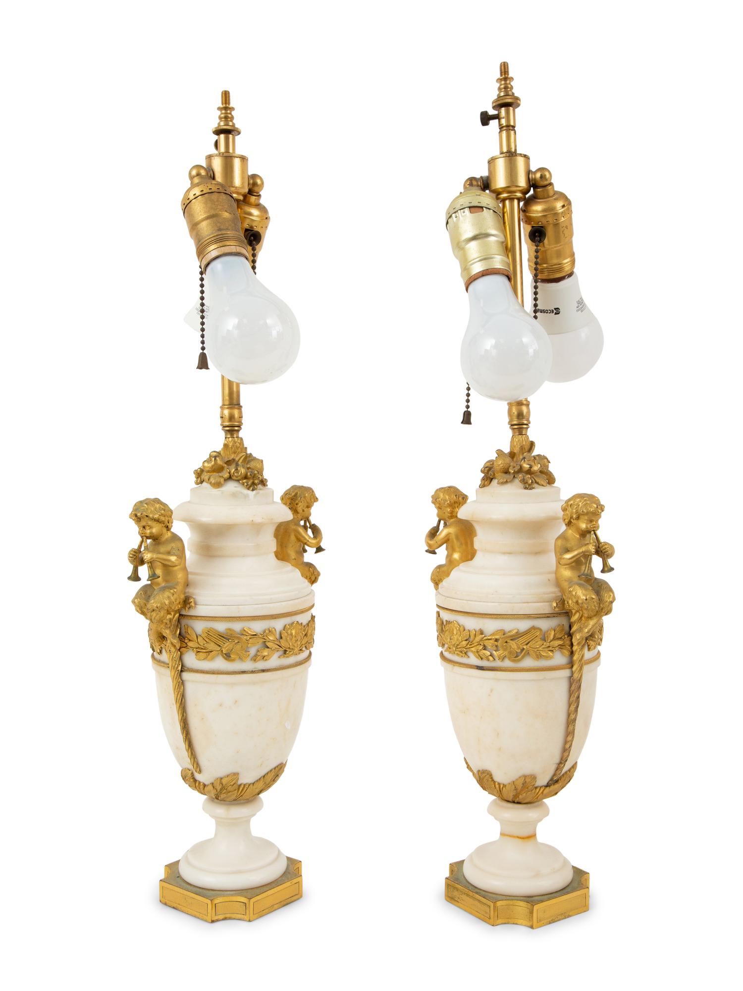 A Pair of French Gilt Metal Mouted Alabaster Table Lamps
