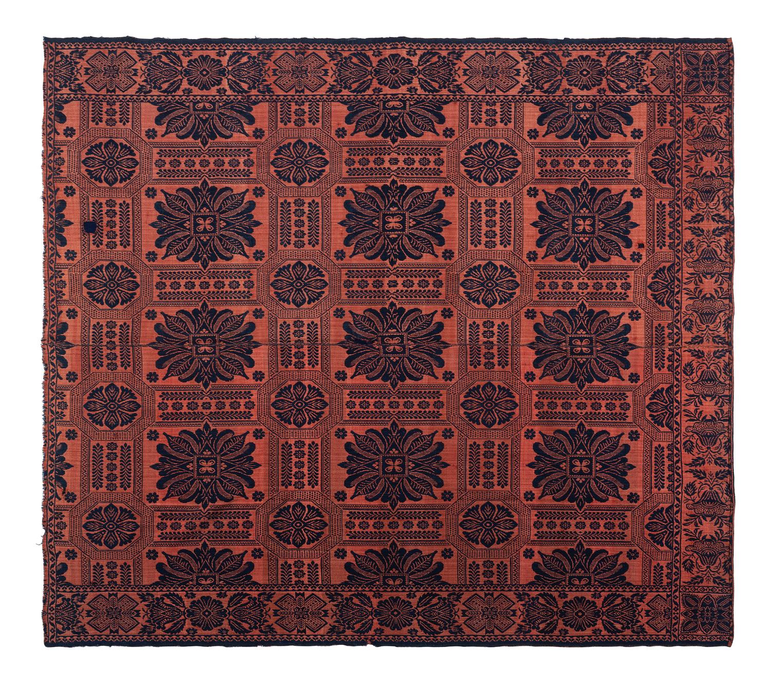 Two Blue and Orange Jacquard Wool and Cotton Coverlets
