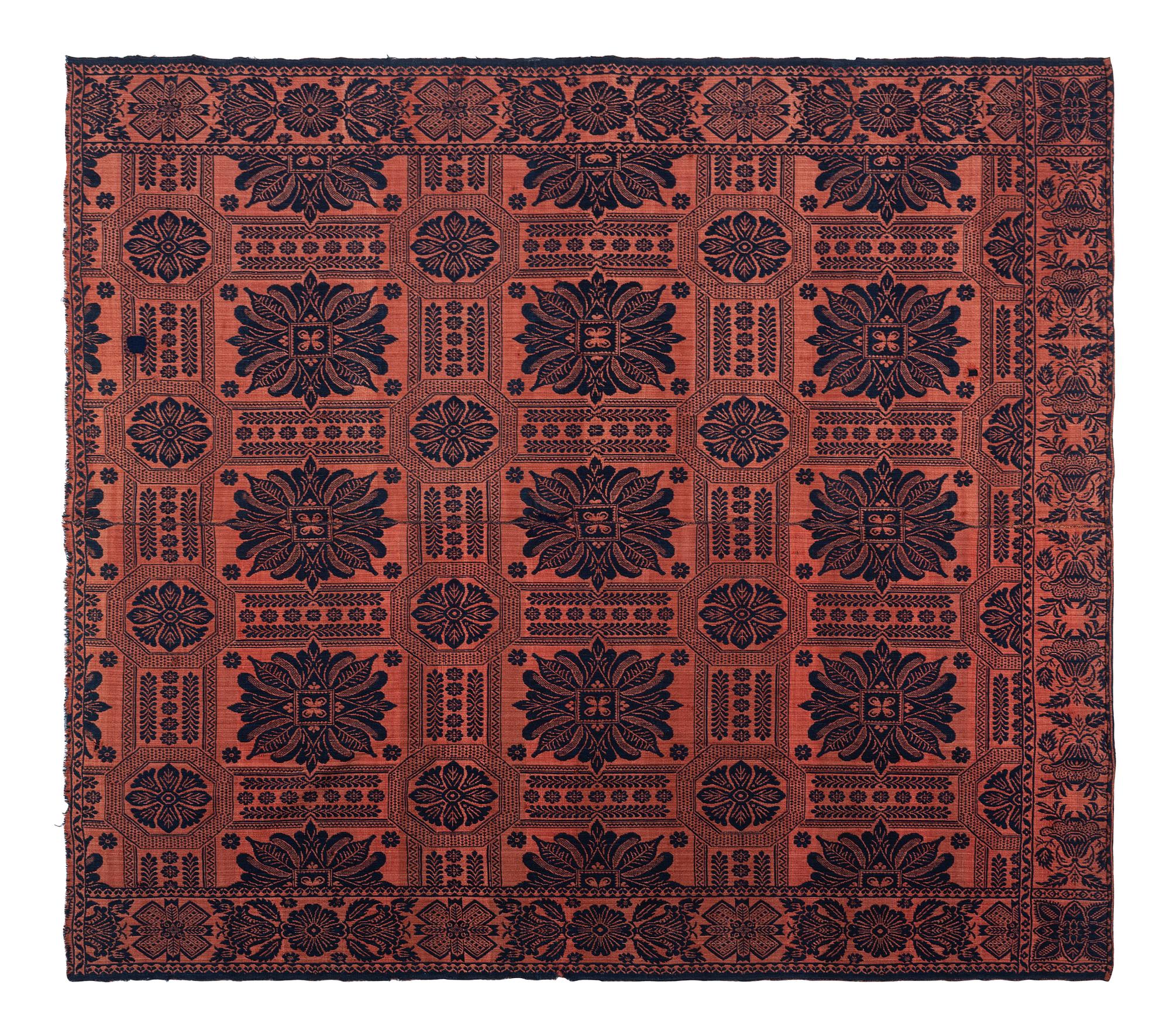 Two Blue and Orange Jacquard Wool and Cotton Coverlets