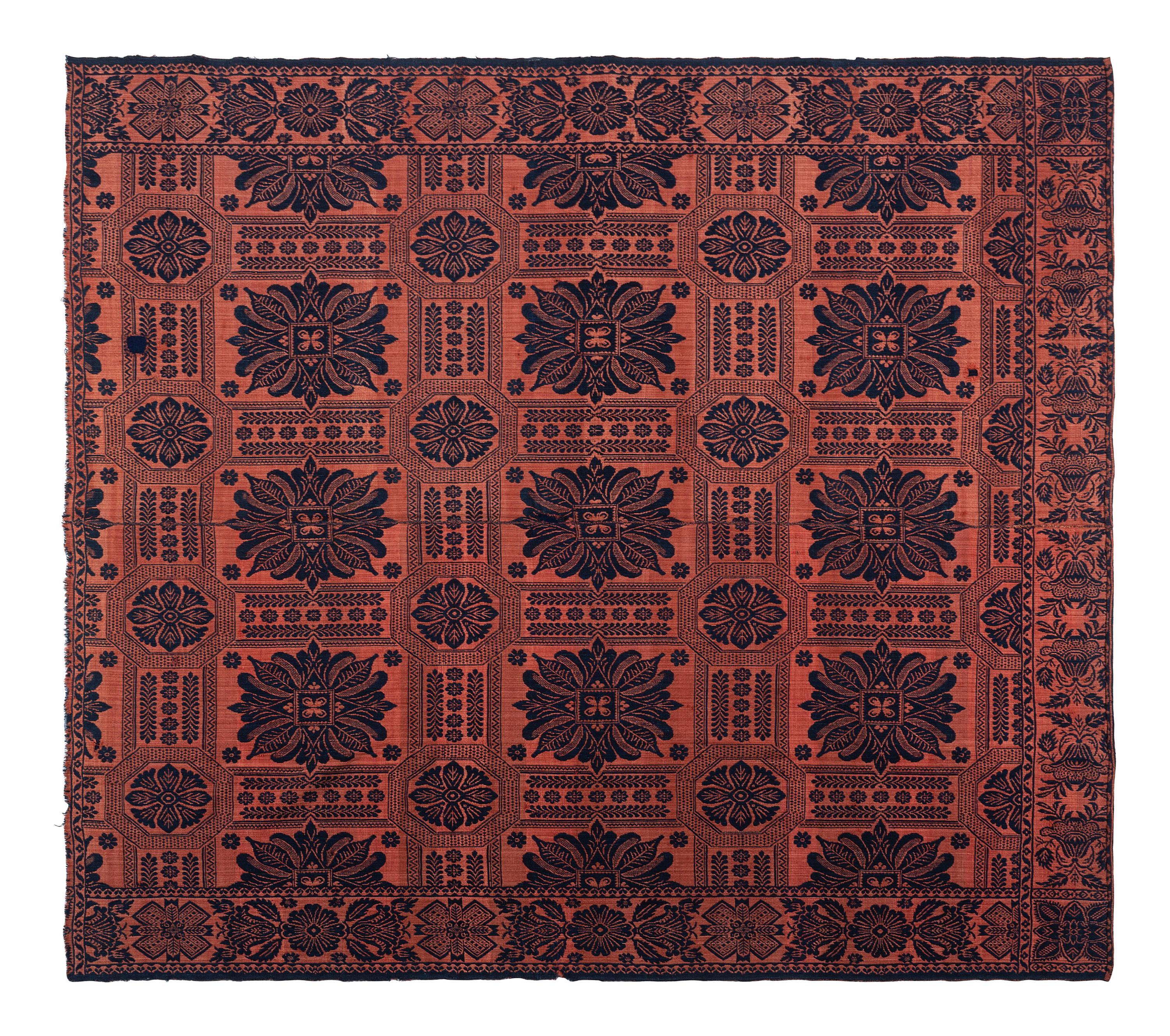 Two Blue and Orange Jacquard Wool and Cotton Coverlets