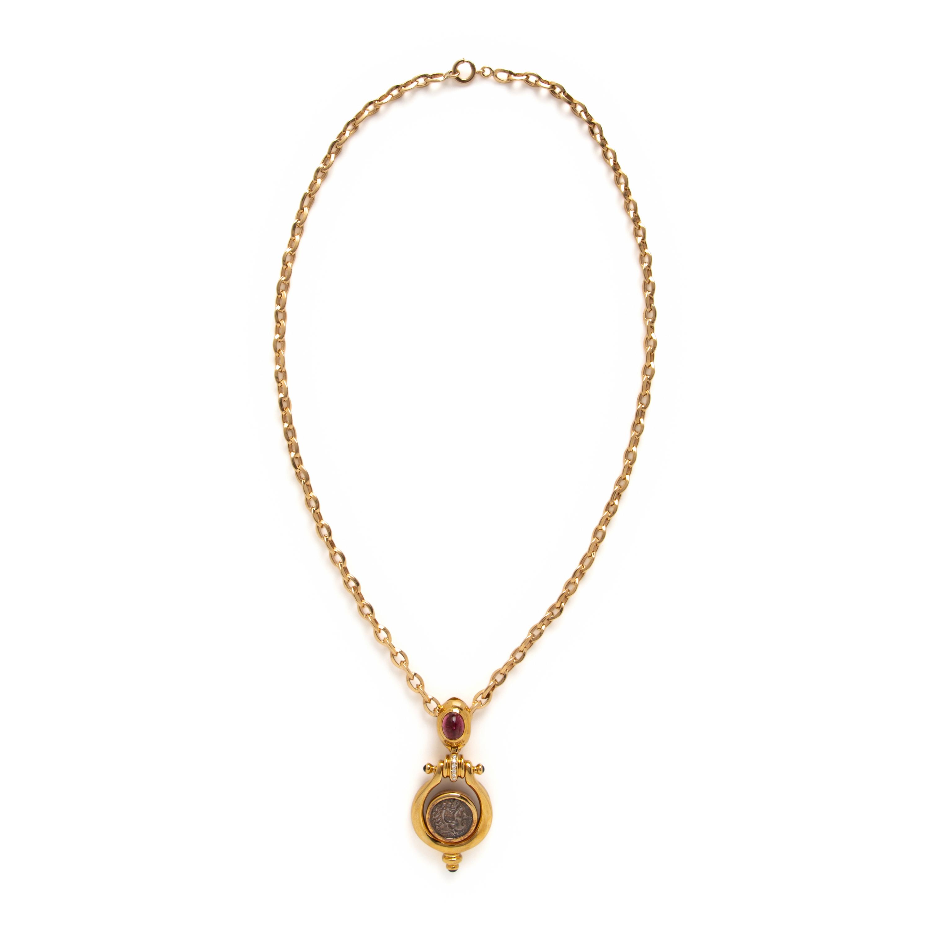 Multigem, Ancient Coin, and Yellow Gold Pendant Necklace