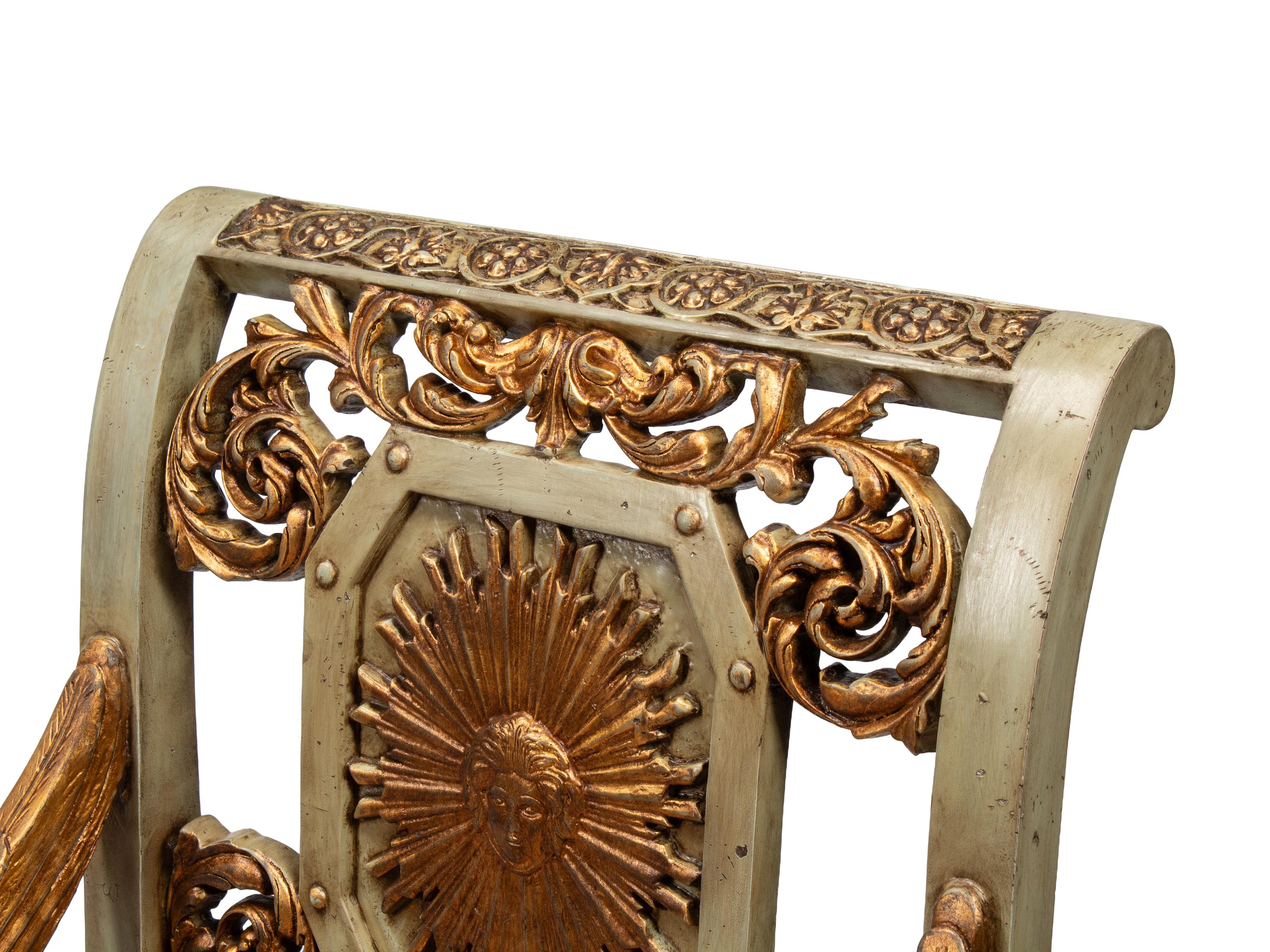A Pair of Italian Neoclassical Style Painted and Parcel Gilt Eagle-Motif Armchairs