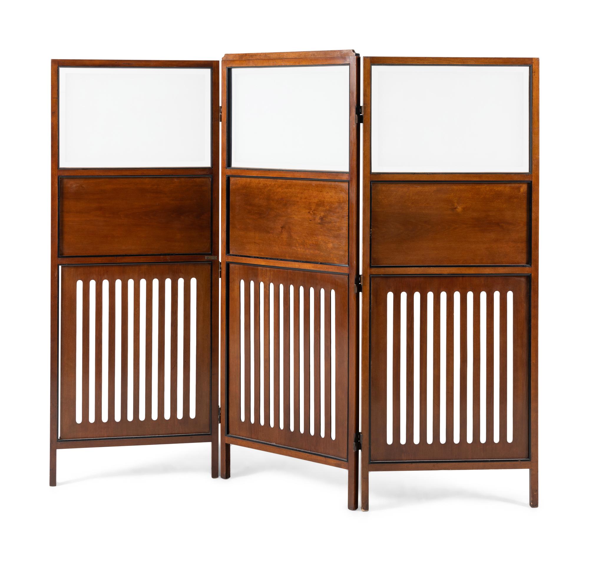 A Vienna Secession Mahogany and Frosted Glass Three-Panel Floor Screen
