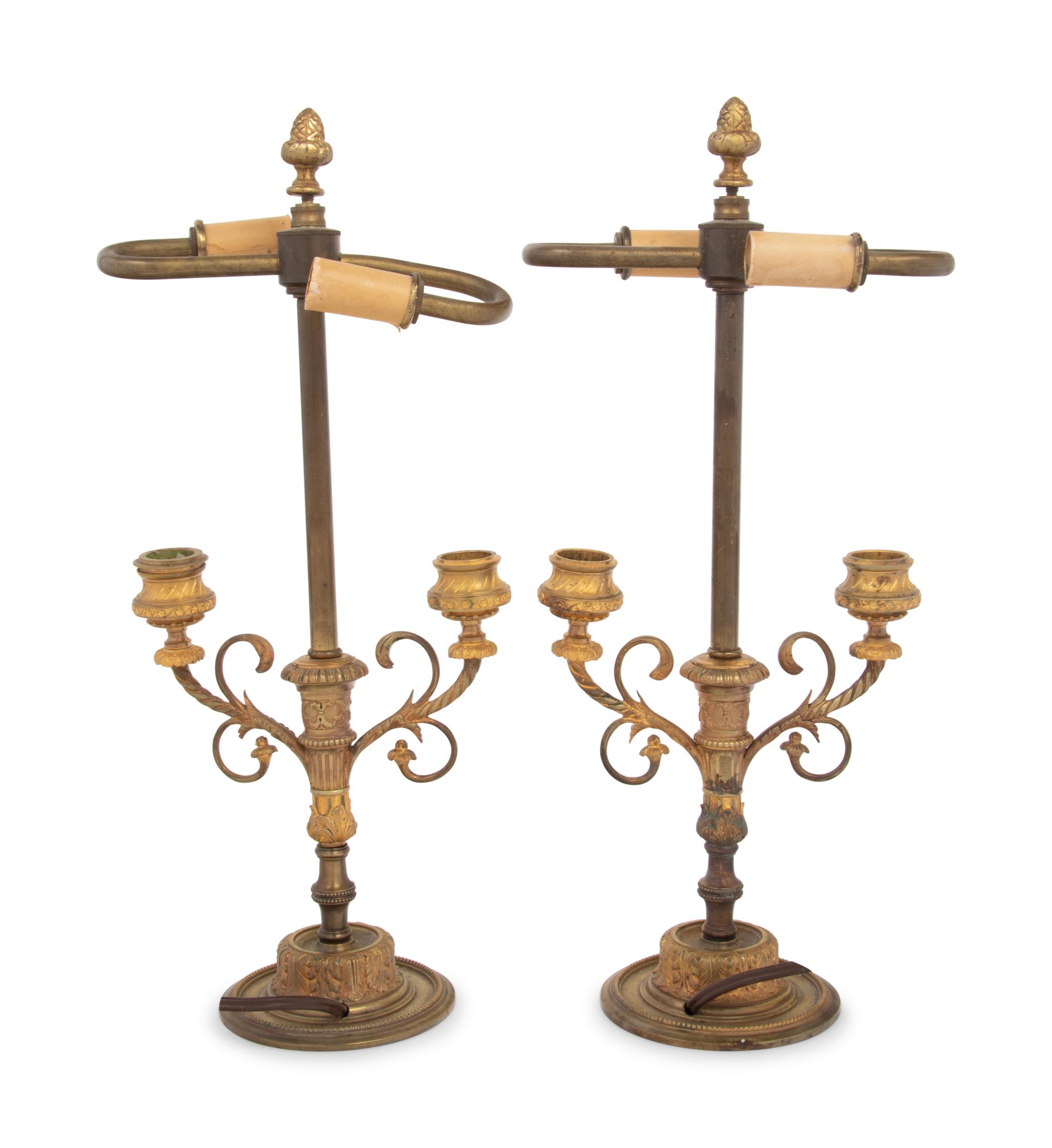 A Pair of French Gilt Bronze Two-Light Candelabra Mounted as Lamps