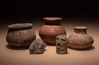 Three Pre-Columbian Terracotta Bowls and Two Face Fragments