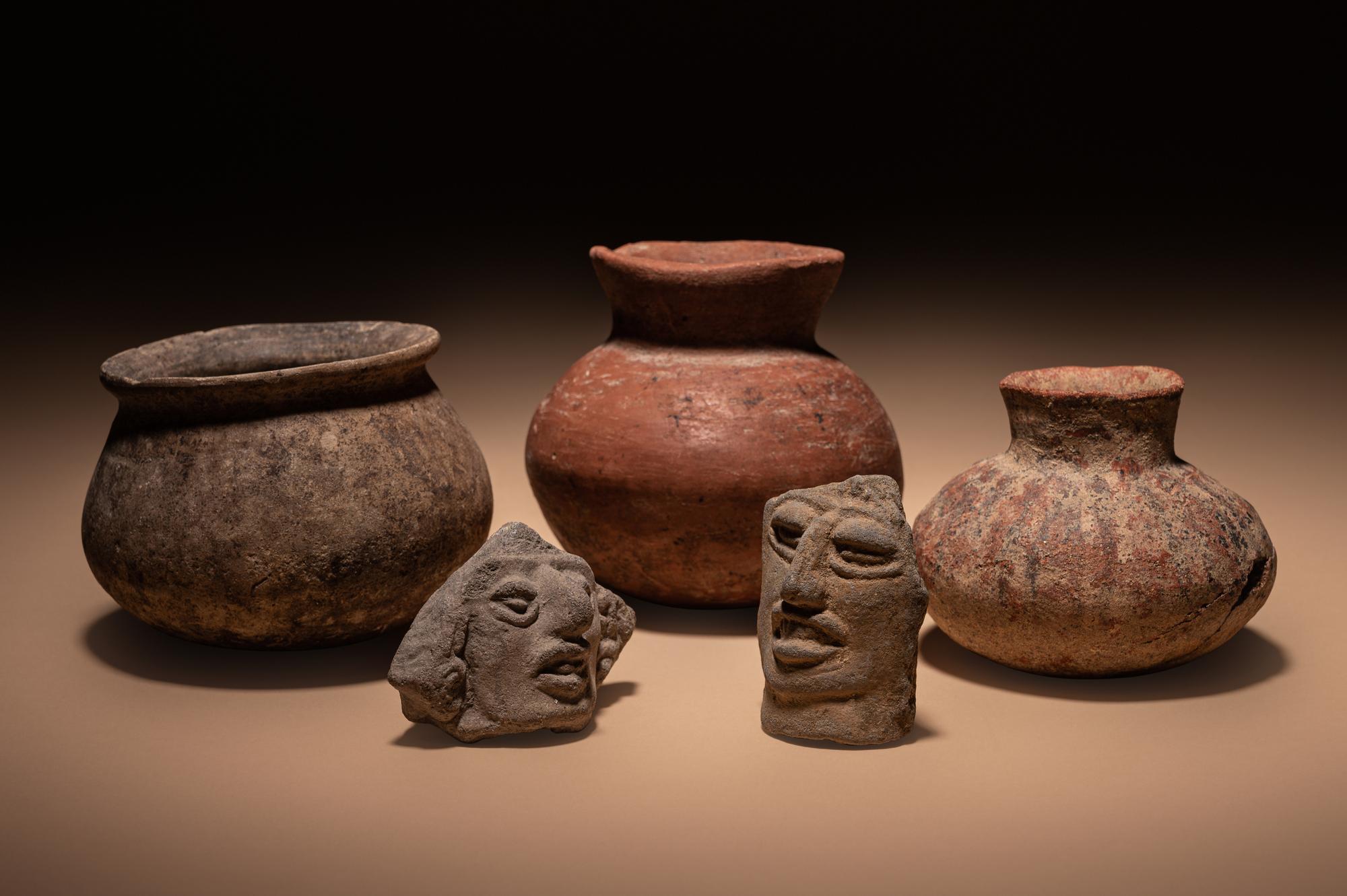 Three Pre-Columbian Terracotta Bowls and Two Face Fragments