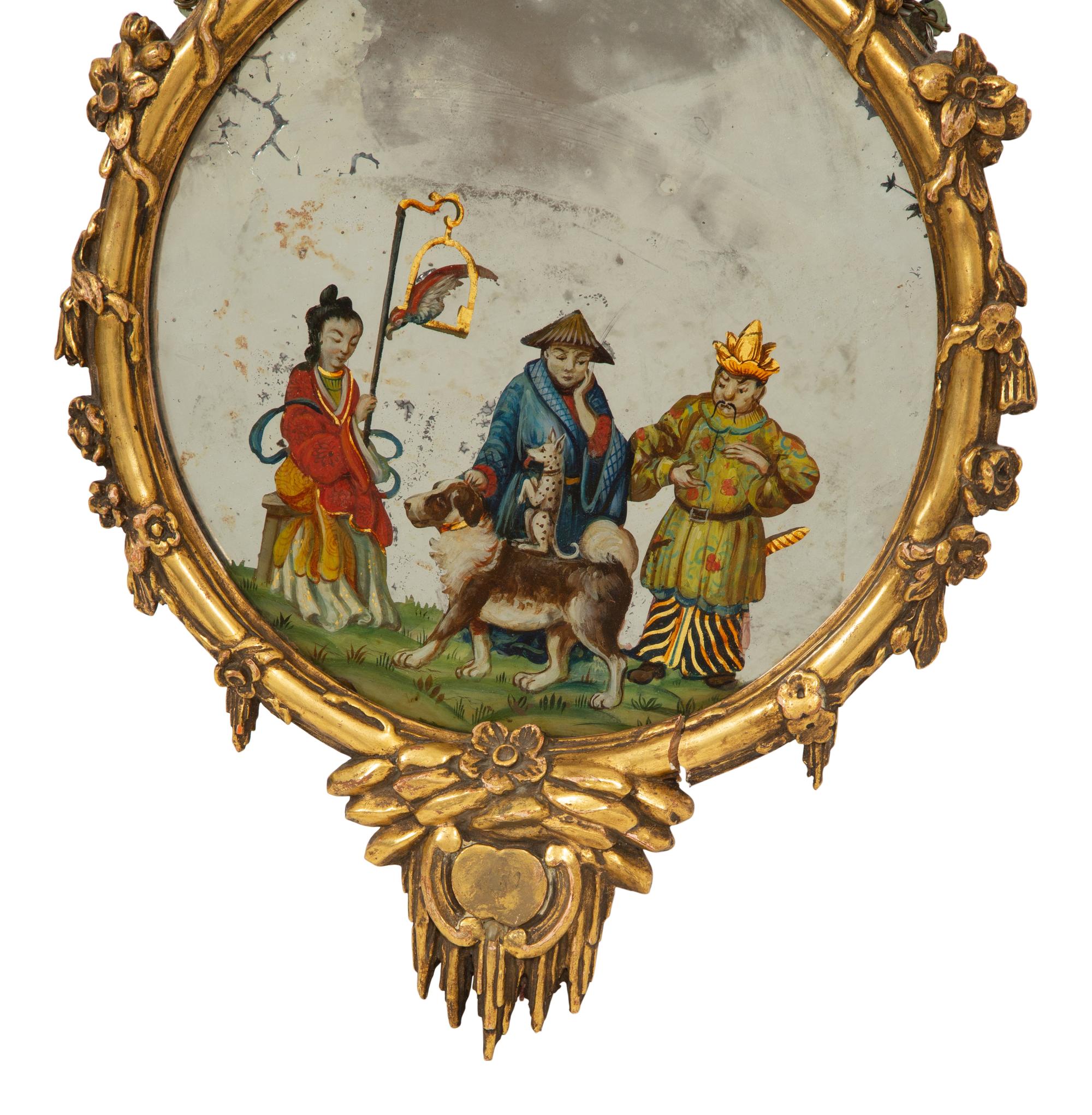 An English Giltwood and Reverse-Painted Glass Mirror