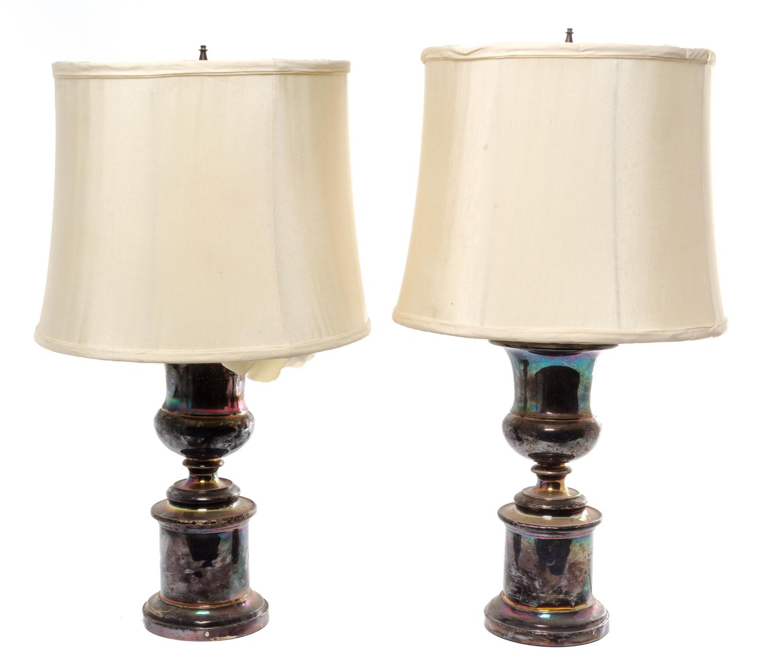 A Pair of Silver-plate Urns Height of urns 12 inches. — 20TH CENTURY