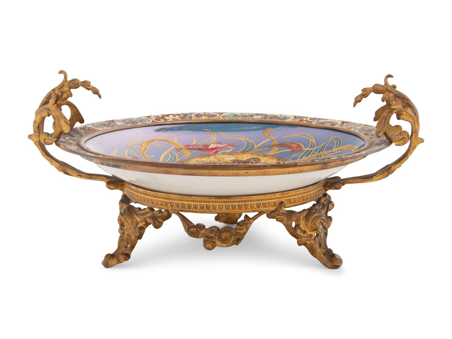 A Champlevé Enamel and Gilt Bronze Mounted Sèvres Style Porcelain Plate