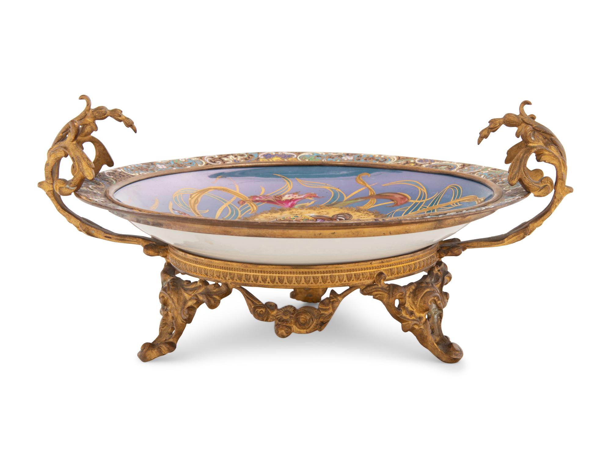 A Champlevé Enamel and Gilt Bronze Mounted Sèvres Style Porcelain Plate