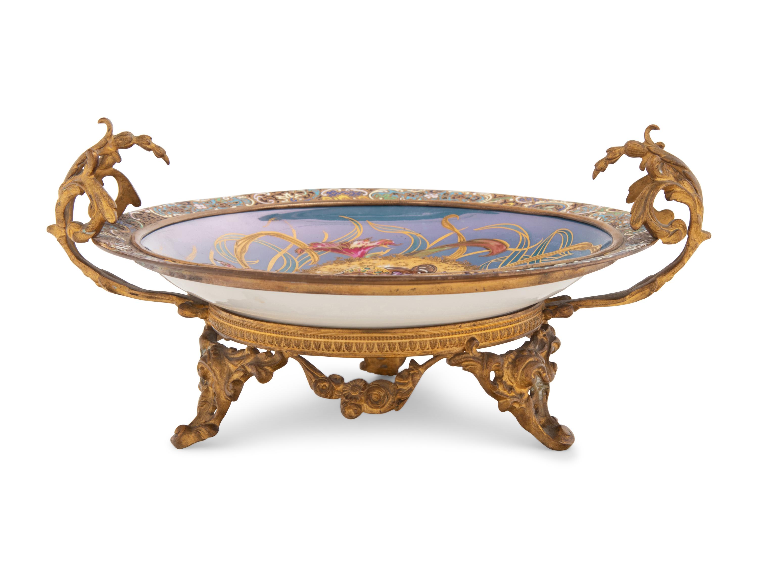 A Champlevé Enamel and Gilt Bronze Mounted Sèvres Style Porcelain Plate