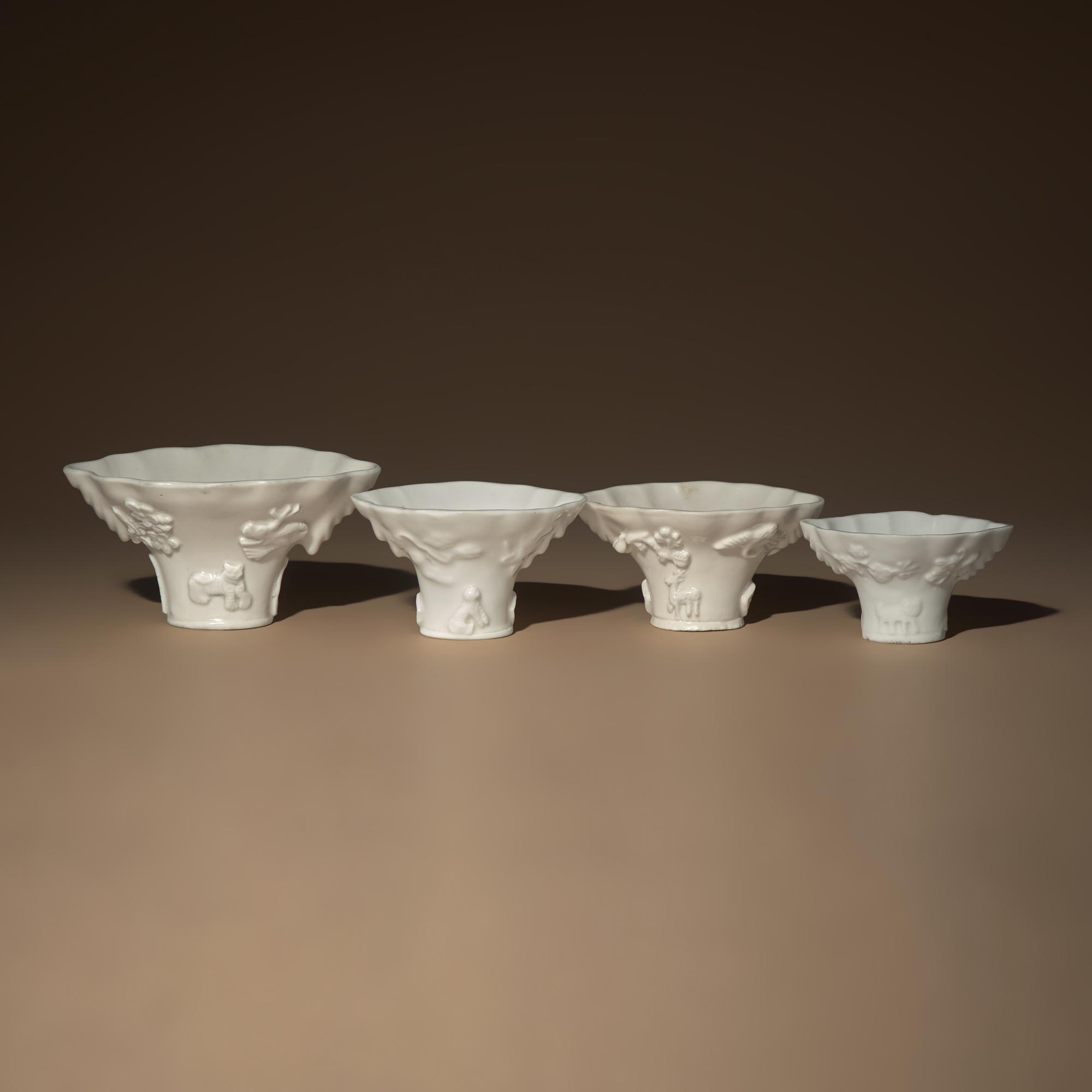 Four Chinese Blanc-de-Chine Porcelain Libation Cups, 18th Century — 清中期 德化白瓷瑞獸靈芝杯四件