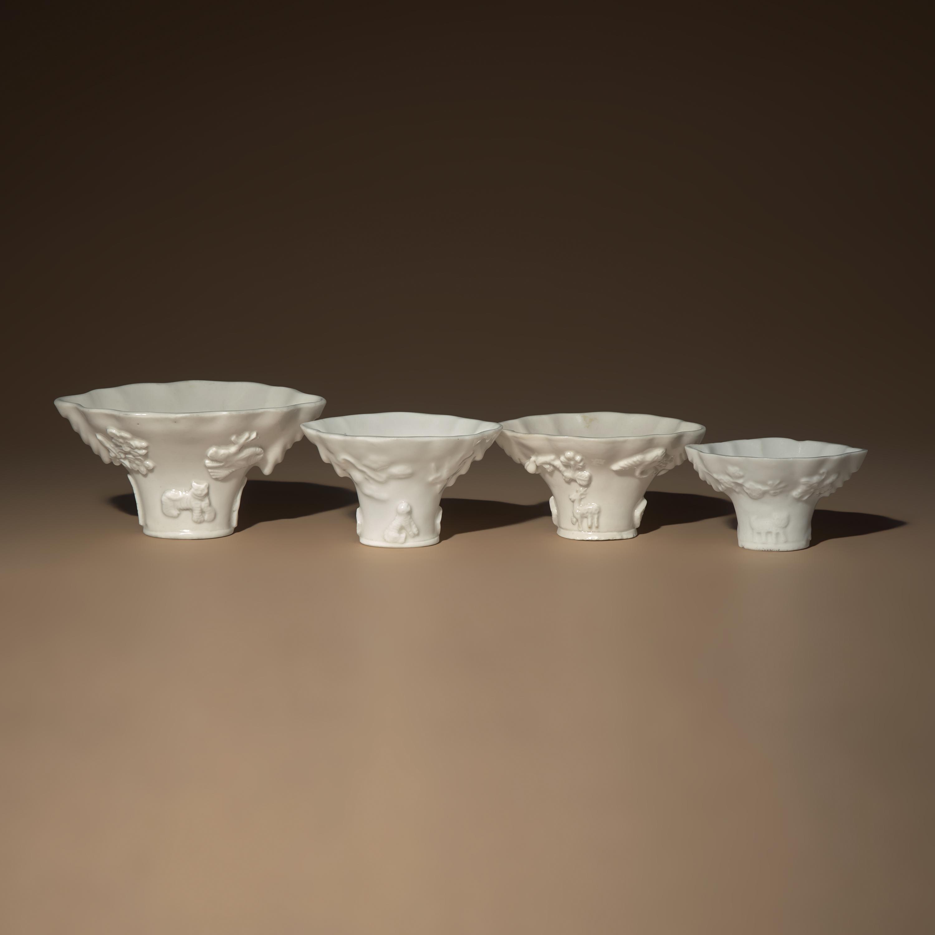 Four Chinese Blanc-de-Chine Porcelain Libation Cups, 18th Century — 清中期 德化白瓷瑞獸靈芝杯四件