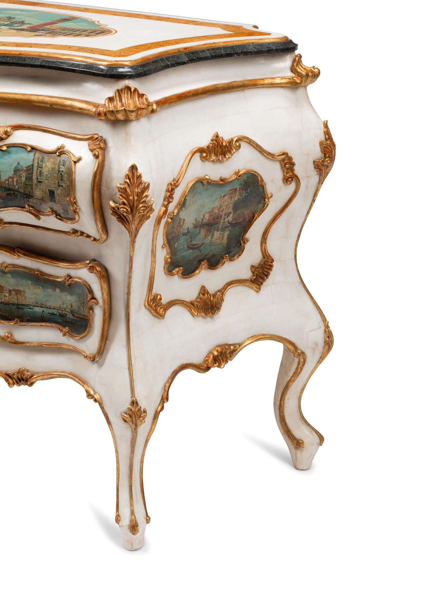A Venetian Style Marble Veneered, Painted and Parcel Gilt Commode