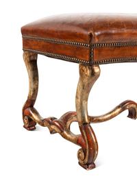 A Leather-Upholstered Painted and Silvered Wood Bench
