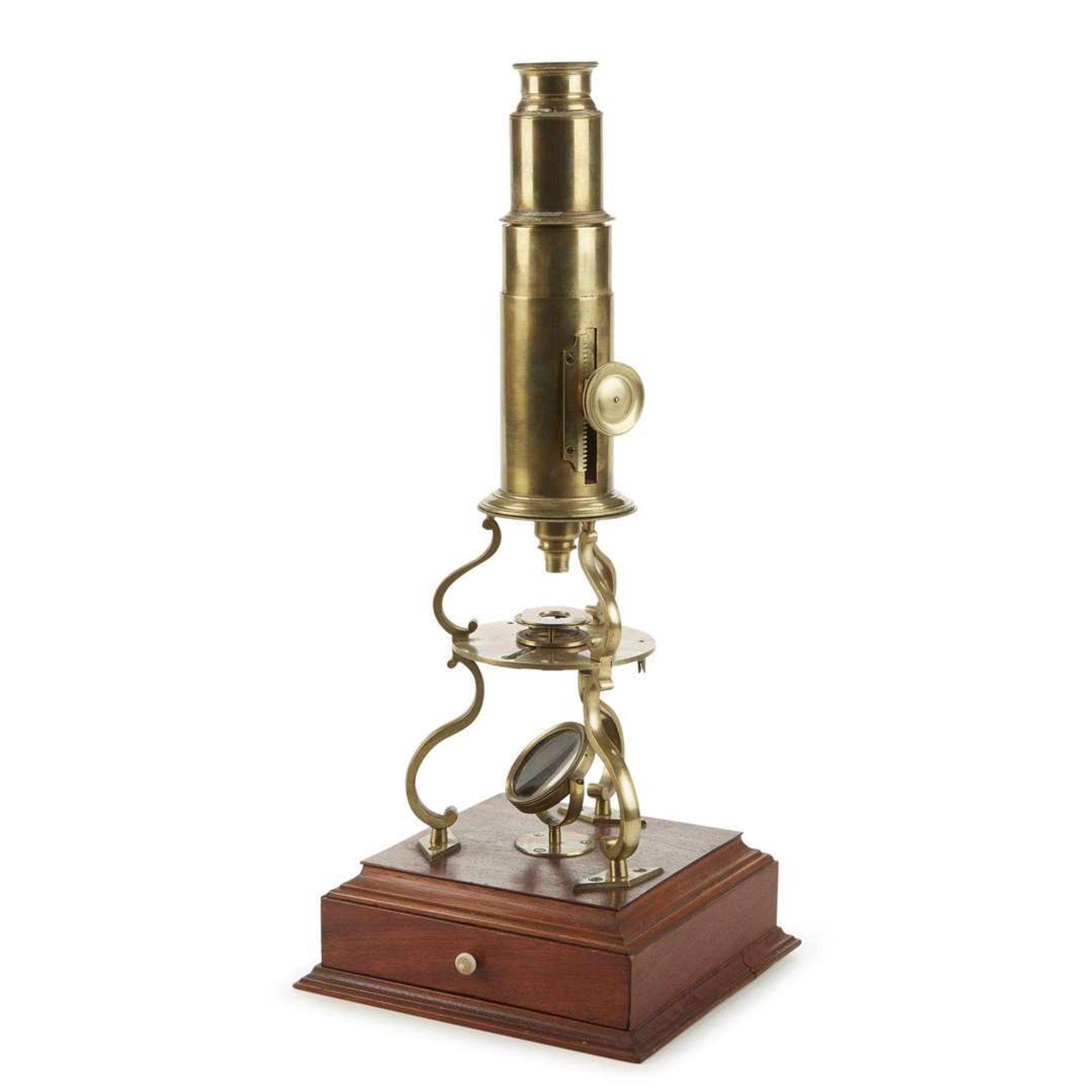 "Edmund Culpeper type" brass and mahogany compound monocular microscope London, England, circa 1780