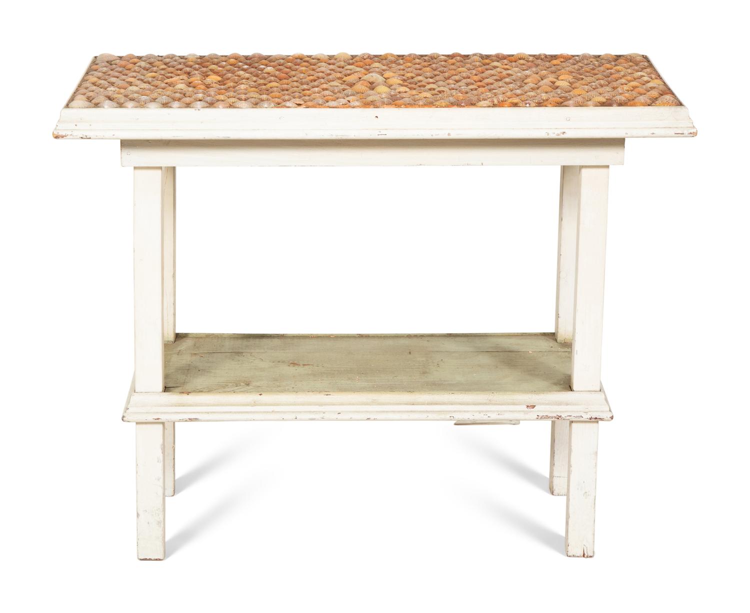 A Shell Inlaid and Painted Two-Tiered Accent Table