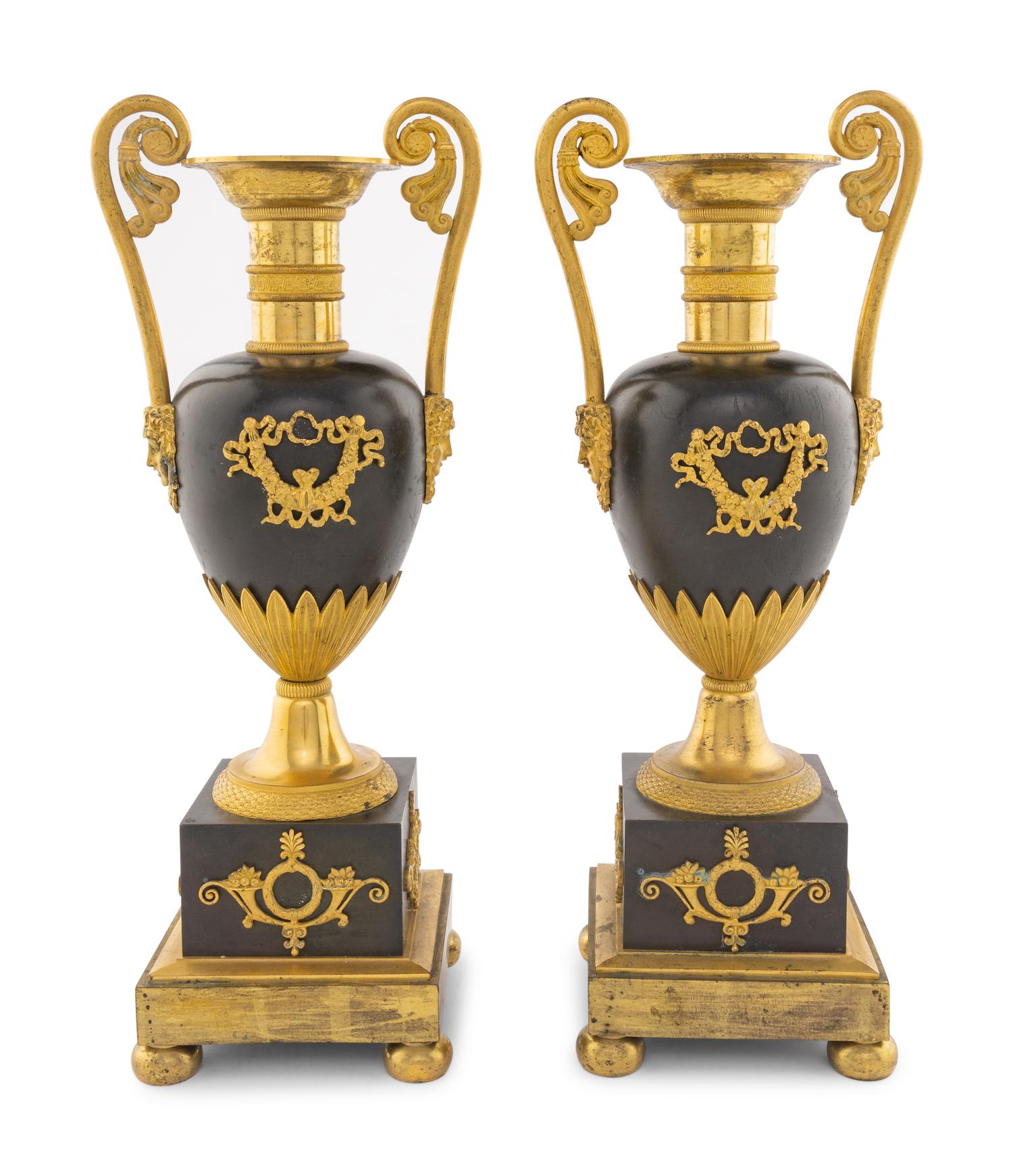 A Pair of Louis Philippe Gilt and Patinated Bronze Urns