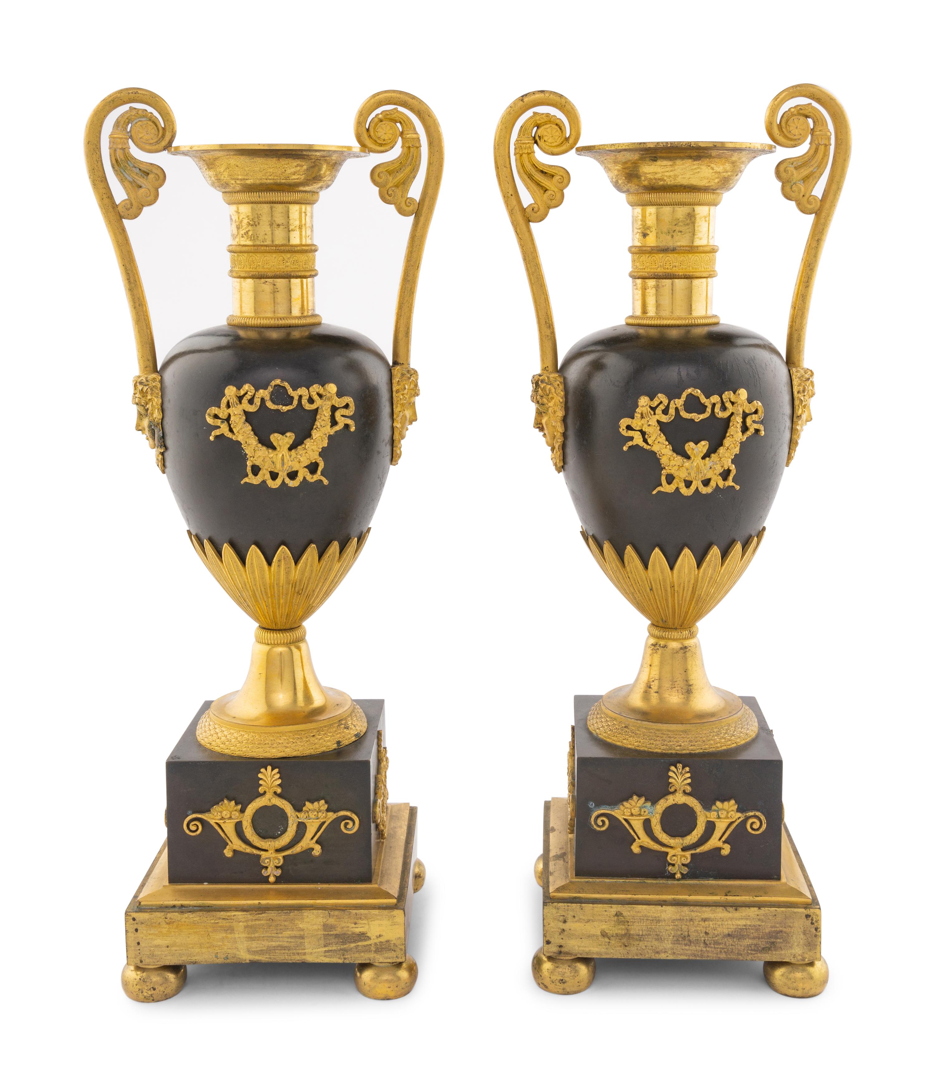 A Pair of Louis Philippe Gilt and Patinated Bronze Urns