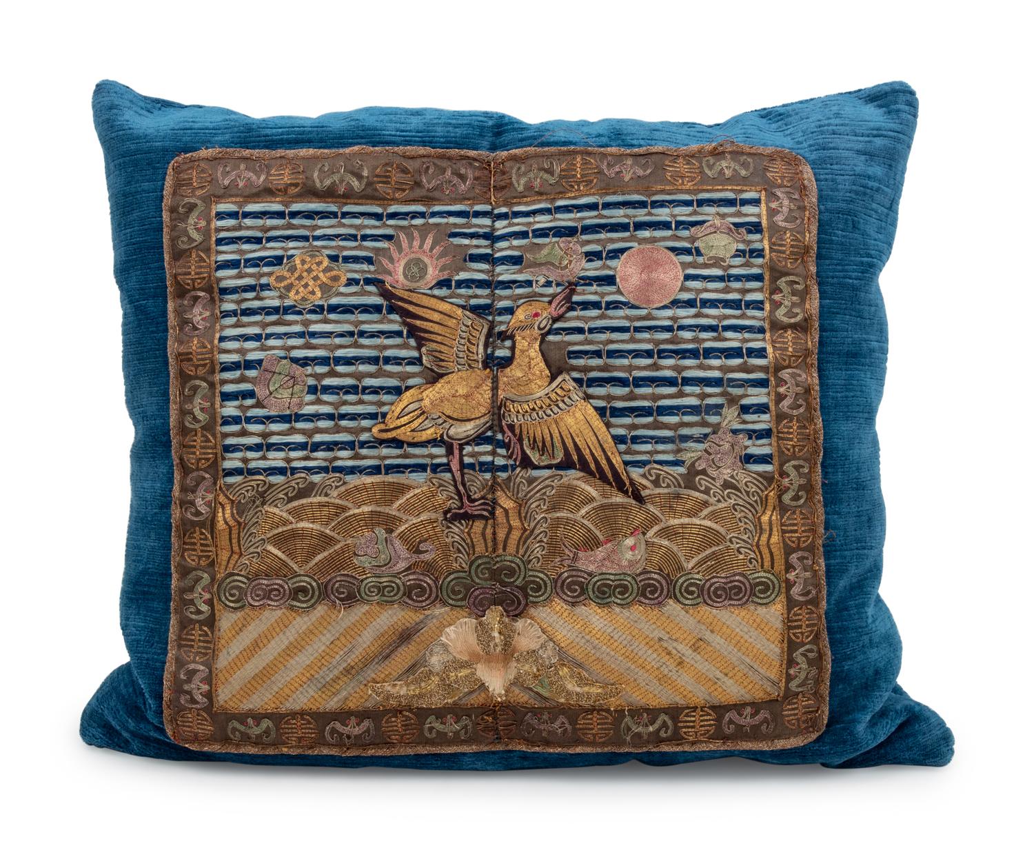 A Pair of Chinese Embroidered Rank Badgets Set on Down-Filled Pillows