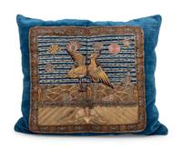 A Pair of Chinese Embroidered Rank Badgets Set on Down-Filled Pillows