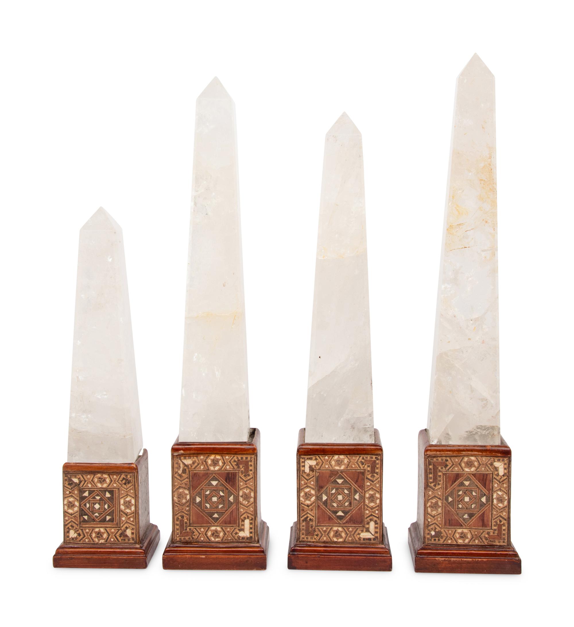 A Group of Four Rock Crystal and Marquetry Obelisks