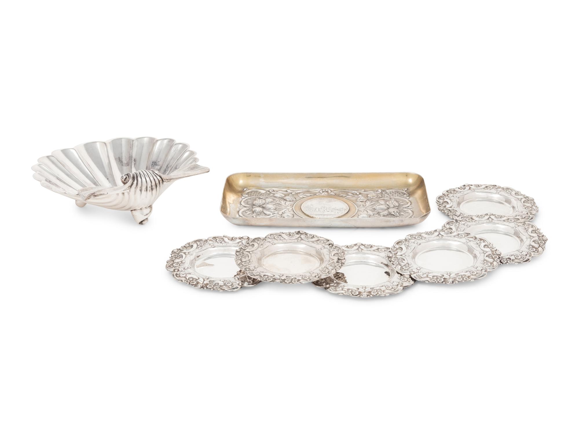 A German Silver Coin-Inset Tray and a Silver Shell-Form Dish