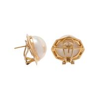YELLOW GOLD AND CULTURED MABE PEARL EARCLIPS