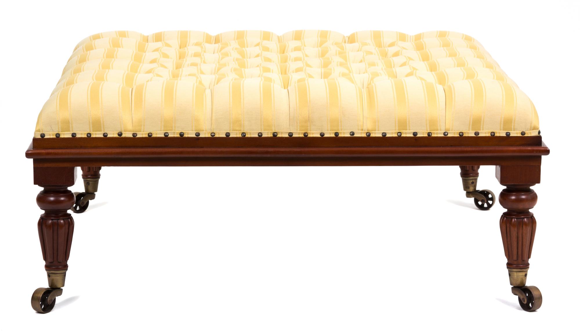 A Regency Mahogany Button-Tufted Upholstered Ottoman Height 16 x width 36 x depth 36 inches. — 19TH CENTURY