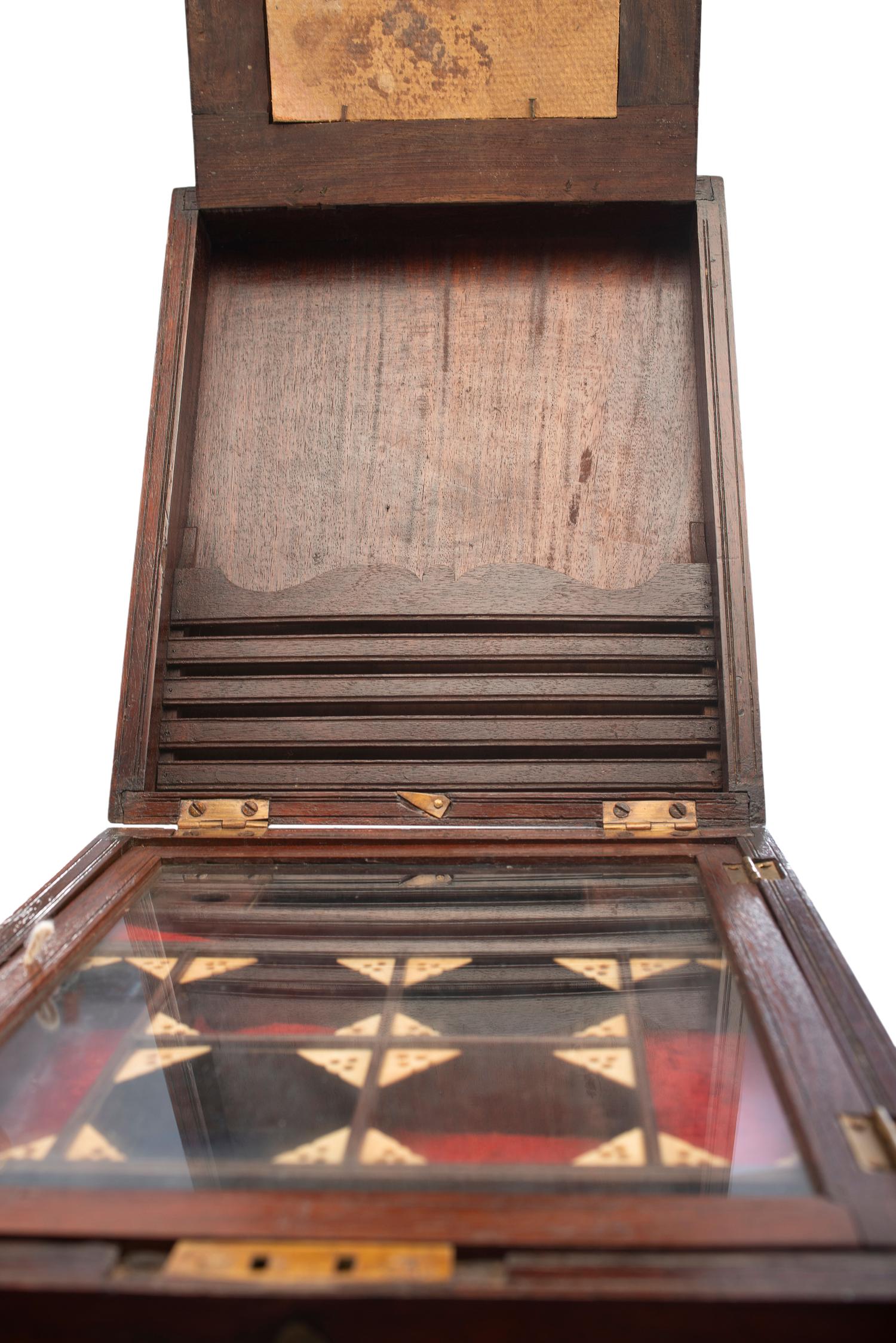 An English Brass-Inlaid Mahogany Game Box on Stand