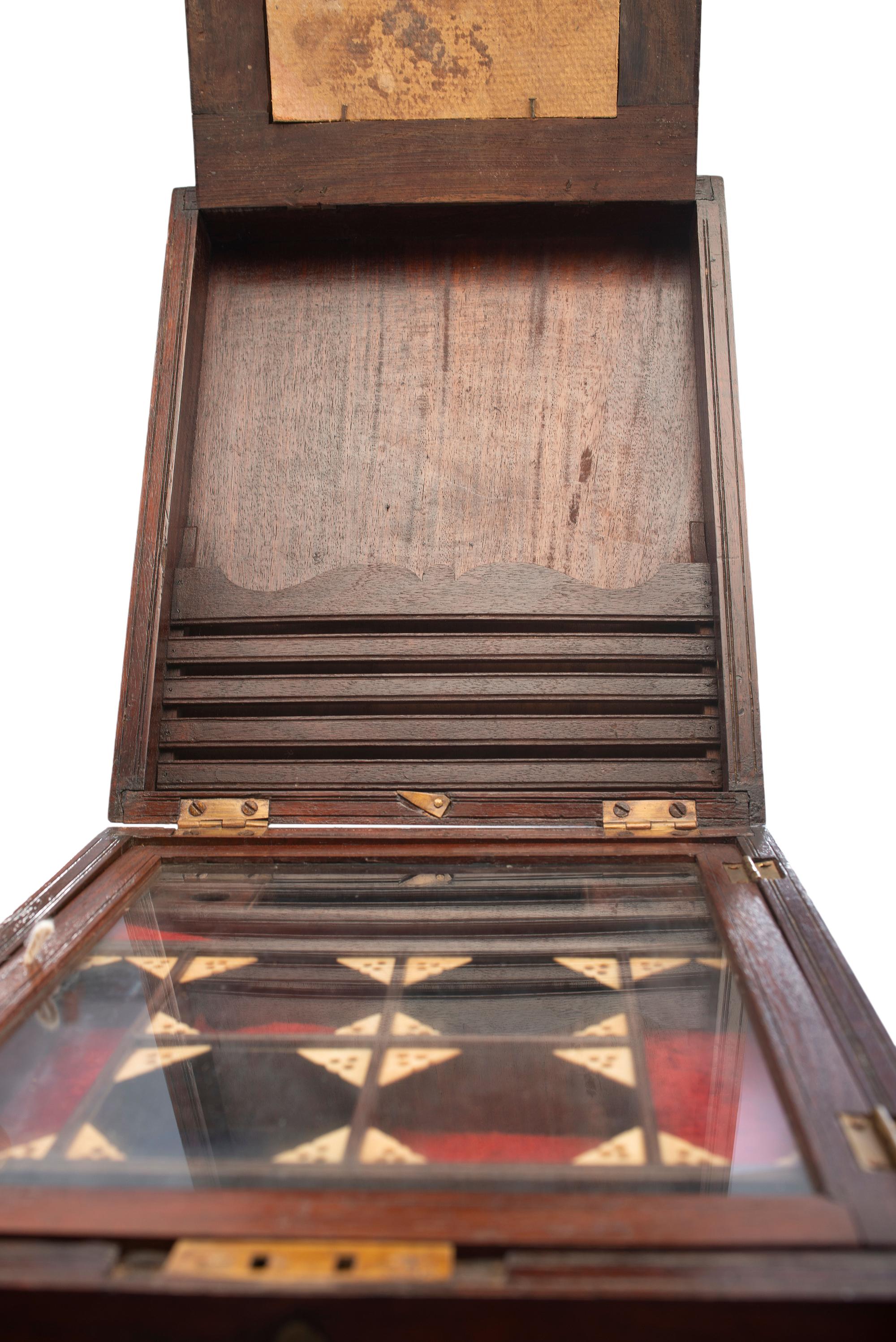 An English Brass-Inlaid Mahogany Game Box on Stand