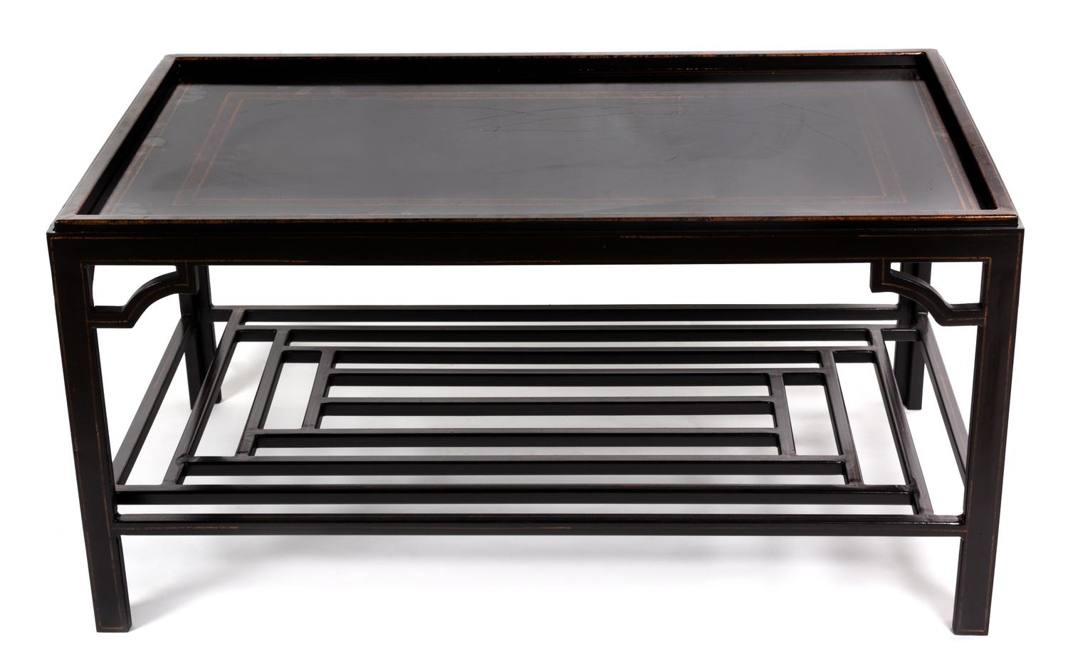A Georgian Style Black Lacquered Two-Tiered Coffee Table Height 20 x width 40 x depth 24 inches.