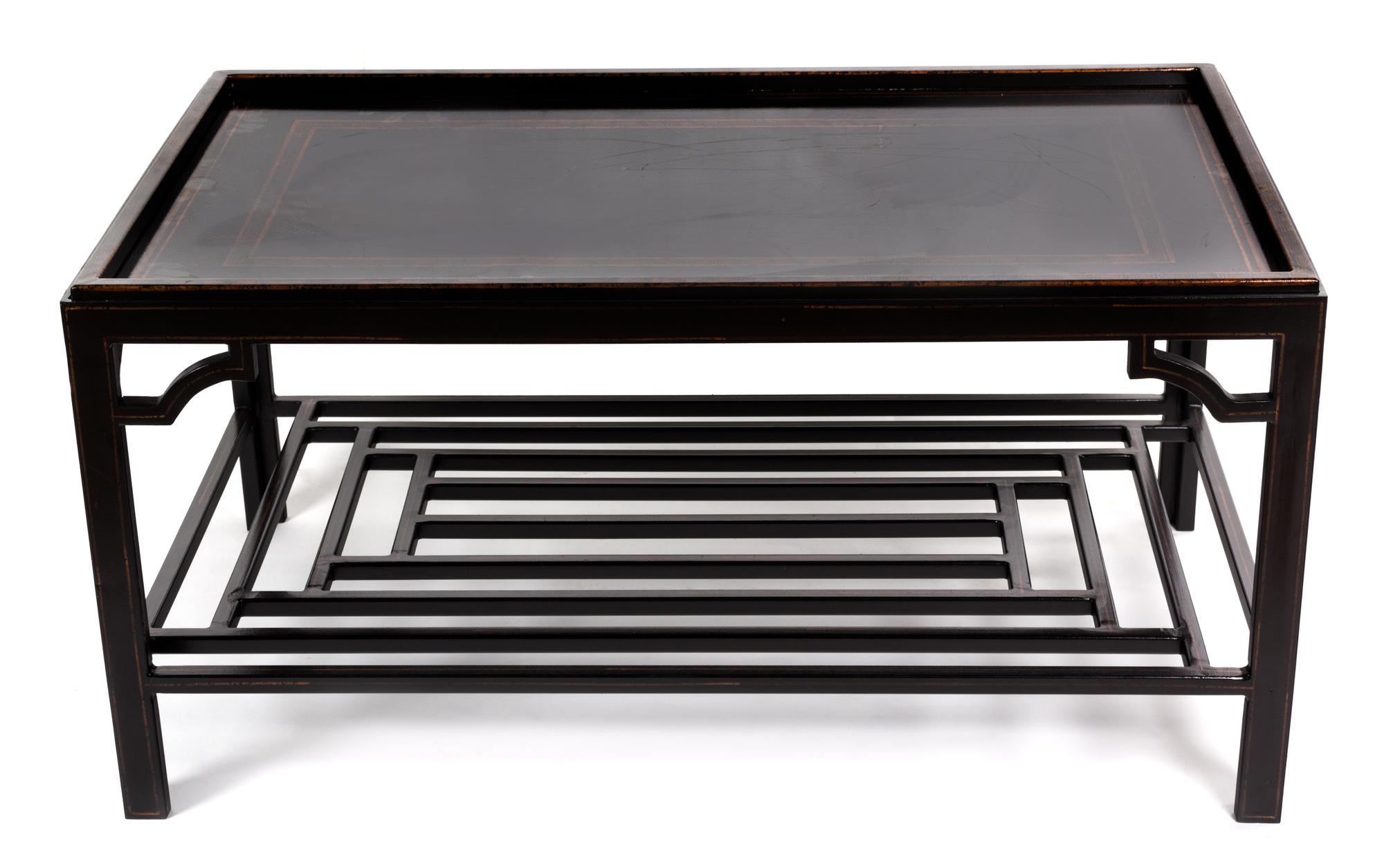 A Georgian Style Black Lacquered Two-Tiered Coffee Table Height 20 x width 40 x depth 24 inches.