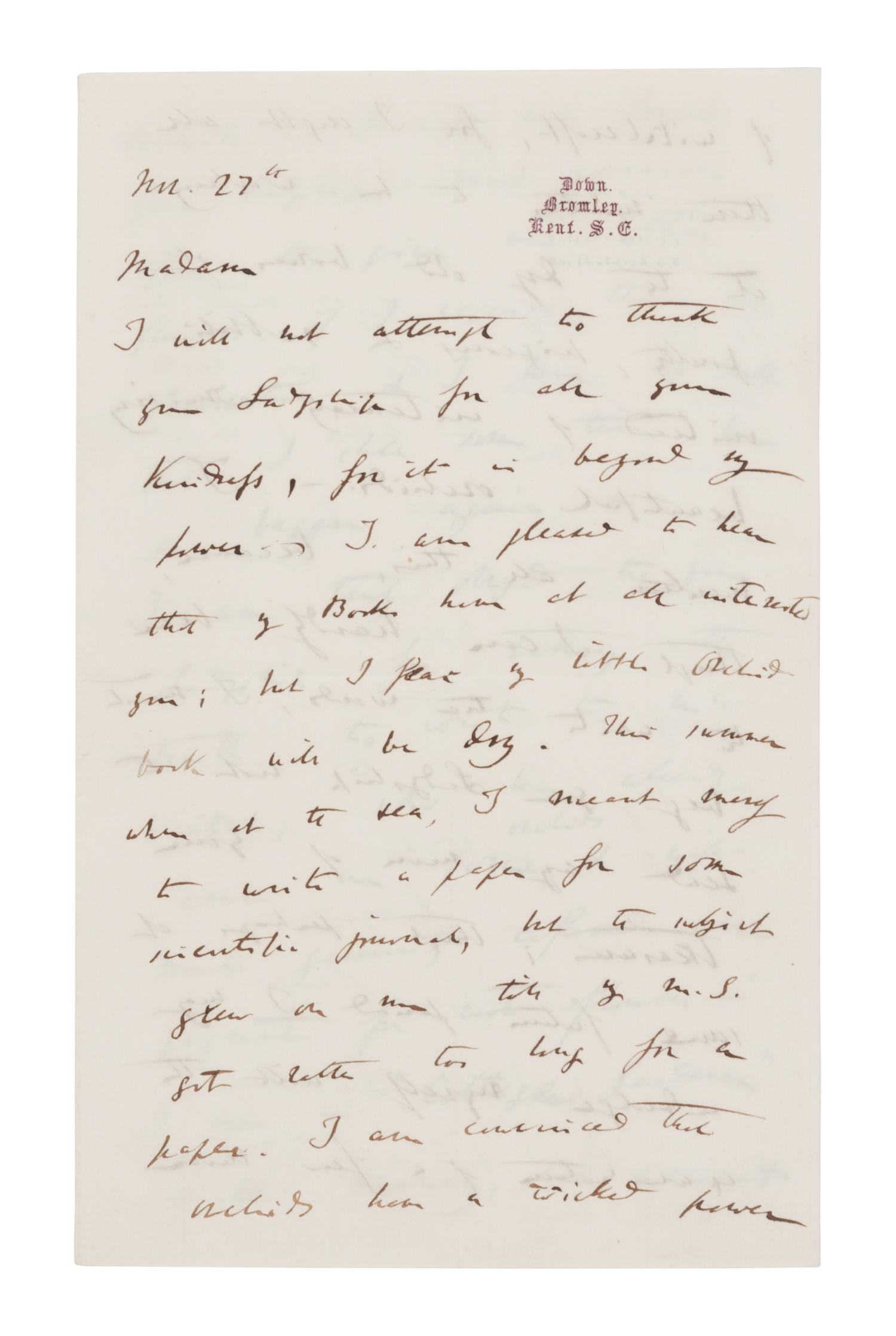 DARWIN, Charles (1809-1882). Autograph letter signed (“Charles Darwin”) to Lady Dorothy Fanny Nevill (“Madam”), Down, Bromley, Kent, 27 November [1861]. 4 pages, 8vo (203 x 127 mm), on a bifolium. Creased.