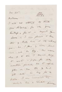 DARWIN, Charles (1809-1882). Autograph letter signed (“Charles Darwin”) to Lady Dorothy Fanny Nevill (“Madam”), Down, Bromley, Kent, 27 November [1861]. 4 pages, 8vo (203 x 127 mm), on a bifolium. Creased.