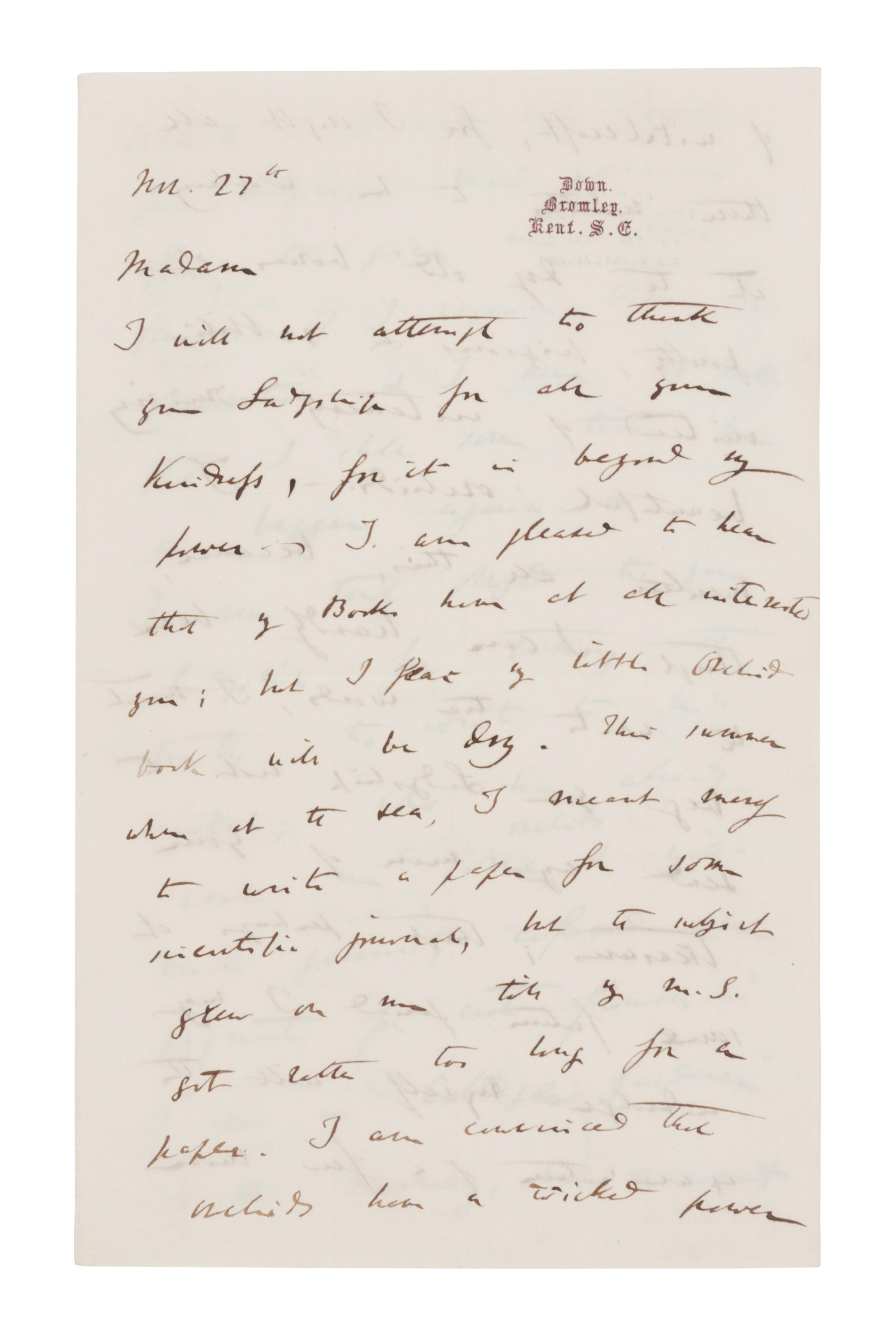 DARWIN, Charles (1809-1882). Autograph letter signed (“Charles Darwin”) to Lady Dorothy Fanny Nevill (“Madam”), Down, Bromley, Kent, 27 November [1861]. 4 pages, 8vo (203 x 127 mm), on a bifolium. Creased.