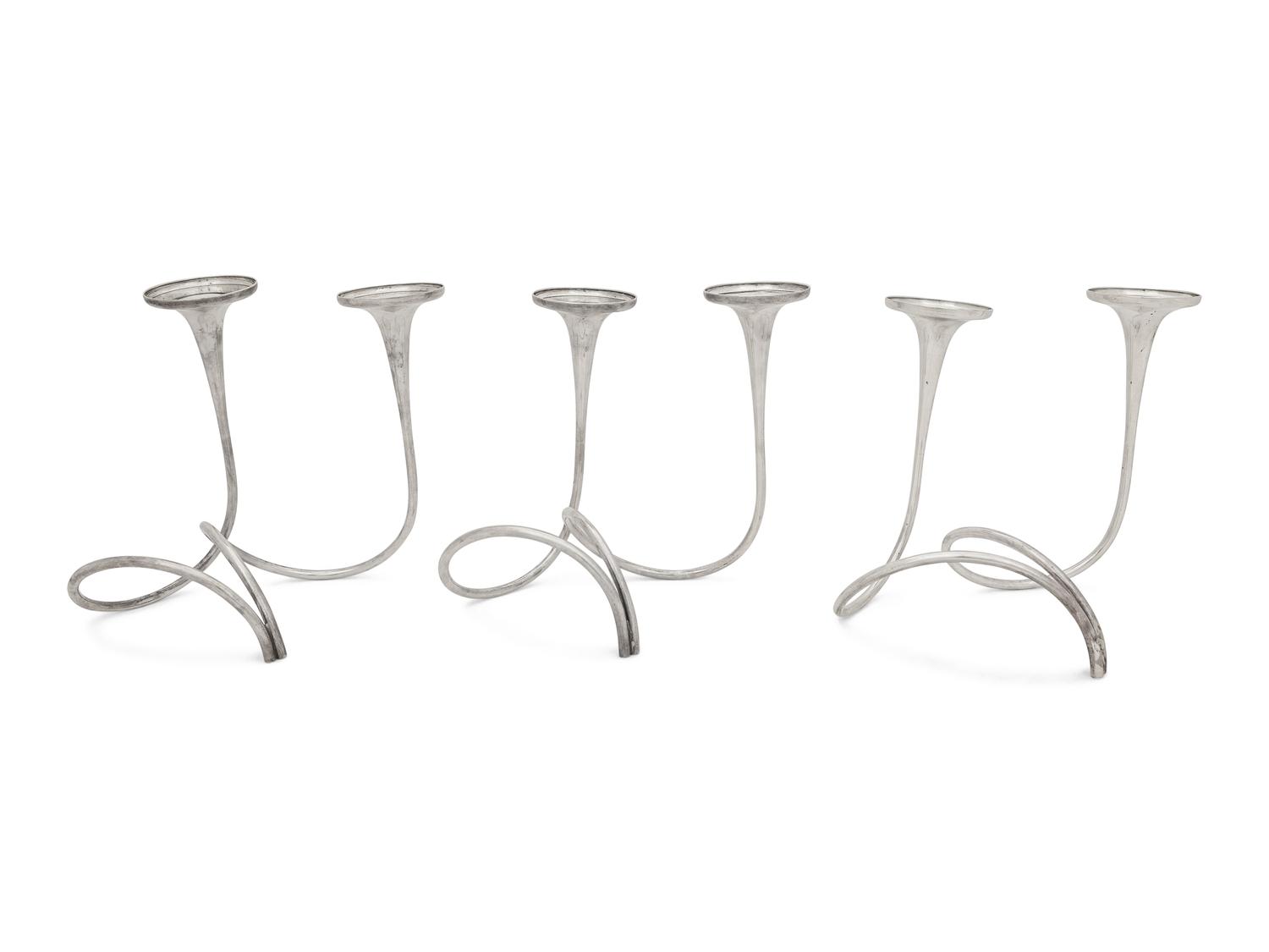 A Set of Three American Modernist Silver Two-Light Candelabra