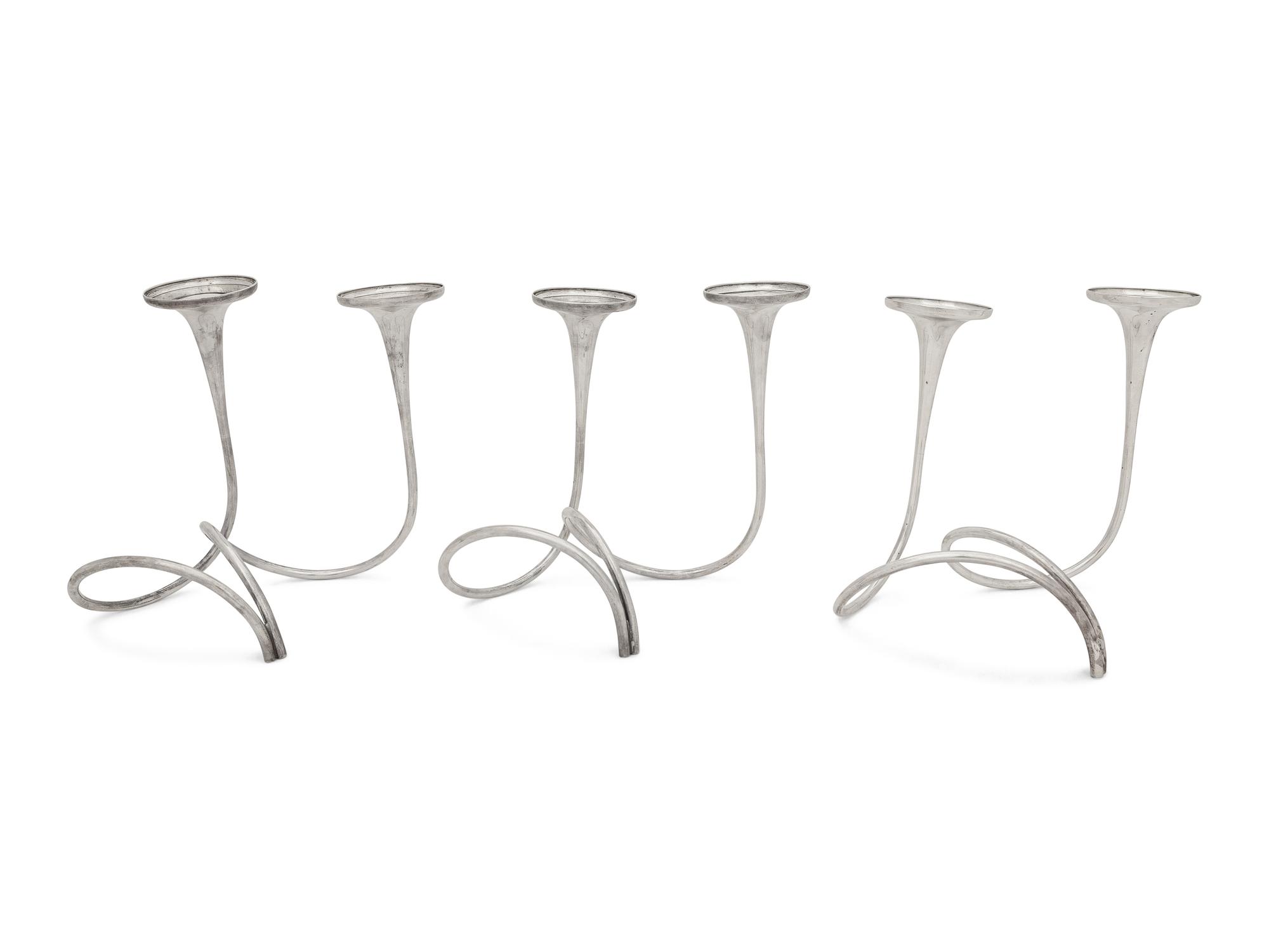 A Set of Three American Modernist Silver Two-Light Candelabra