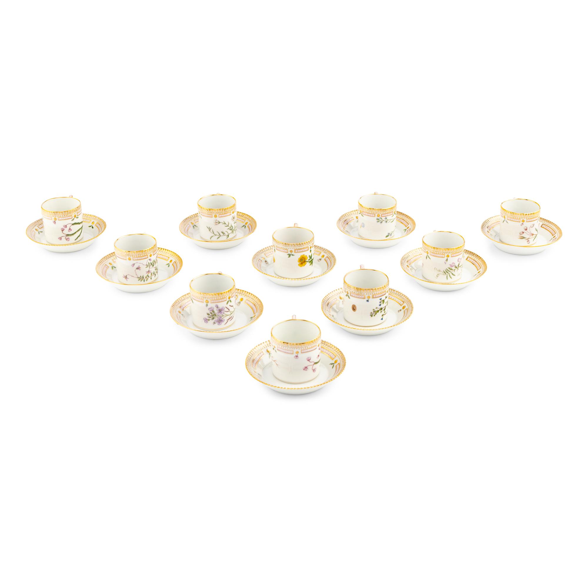 A Set of Ten Royal Copenhagen Flora Danica Porcelain Chocolate Cups and Saucers