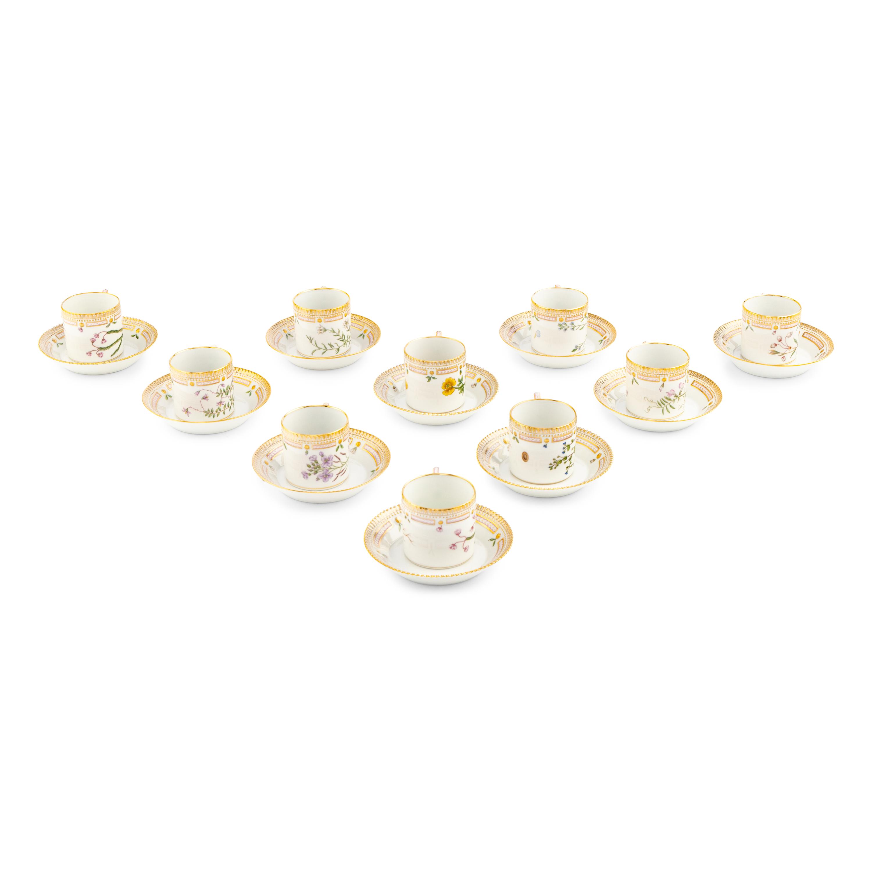 A Set of Ten Royal Copenhagen Flora Danica Porcelain Chocolate Cups and Saucers